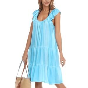 Raviya Women Blue Rayon Tiered Swimsuit Relaxed Mini Dress Cover Up Size S